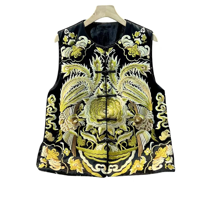 2023 Exquisite Peony + Phoenix Embroidery Handmade Single Breasted Vest Early Autumn Fashion O-Neck Acetate Sleeveless Top S-XXL