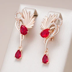 Kinel Hot Shiny Red Natural Zircon Long Drop Earrings Women Fashion 585 Rose Gold Color High Quality Daily Fine Vintage Jewelry
