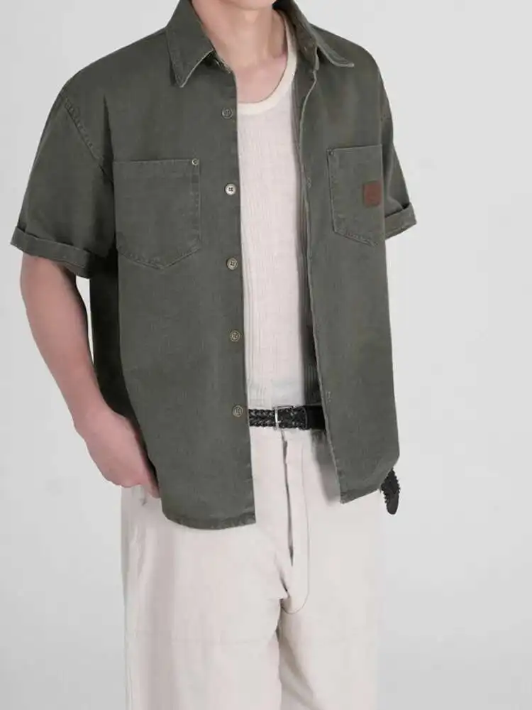 

Мужские повседневные рубашки в корейском стиле с отложным воротником, однотонные однобортные свободные рубашки с короткими рукавами, лето 2025, мужские топы