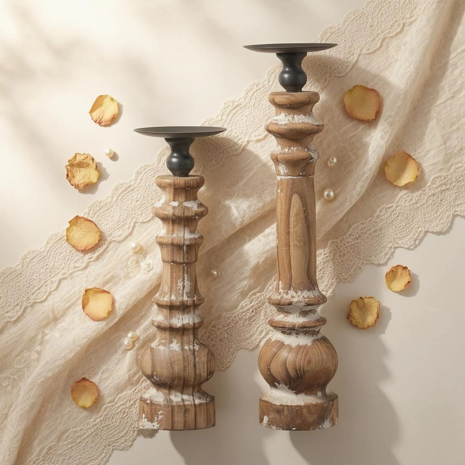 Wood Pillar Candle Stand Distressed Finish Vintage Wooden Candlestick Decor Piece Decorative
