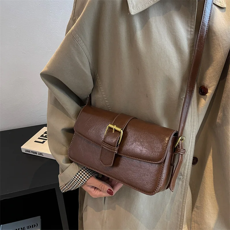 Women Vintage PU Leather Flap Bag With Metal Buckle Retro Square Crossbody Purse Adjustable Strap Commuter Shoulder Handbag