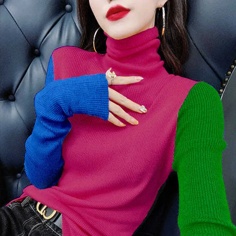 Fashion Turtleneck Long Sleeve Knitted Spliced Color Sweater Women\'s Clothing 2022 Autumn New Loose Casual Pullovers Korean Tops