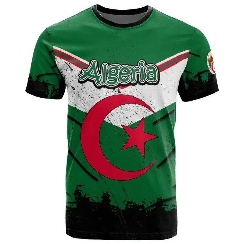

2026 New Family Kids Tees Algeria Flag Graphic Casual Men's T-Shirts Algeria National Emblem T Shirts African Trend Sports Tops