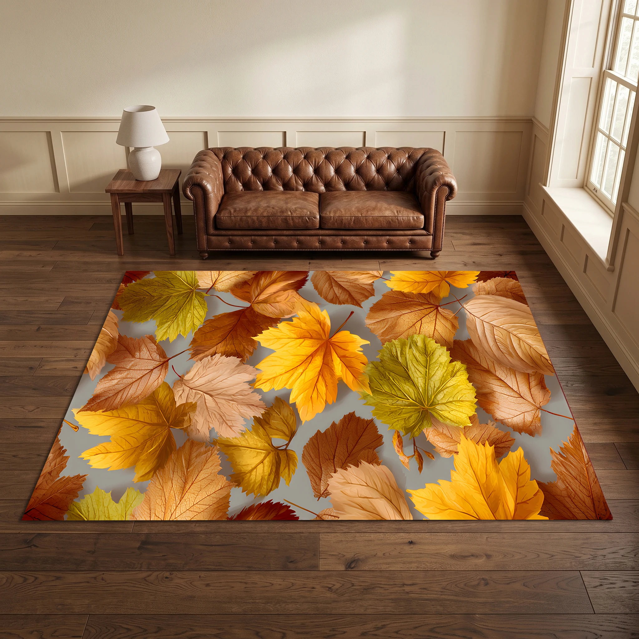 Scattered Colorful Autumn Leaves Create a Naturally Calming Atmosphere in the Living Room, Bedroom, and Entryway A Velvet Rug Adds a Warm, Autumnal Feel.