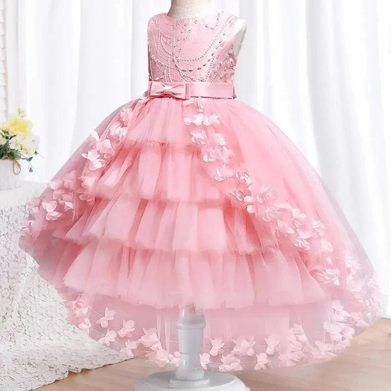 Elegant Flower Trailing Girls Party Dress Christmas Costume Tulle Bow Wedding Princess Dresses Girl Birthday Bridesmaids Evening