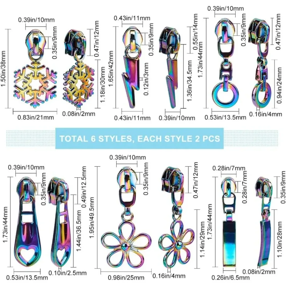 12Pcs 6 Style Rainbow Zipper Pulls Replacement Lightning Snowflake Flower Donut Heart Rectangle Metal Zipper Sliders making kit