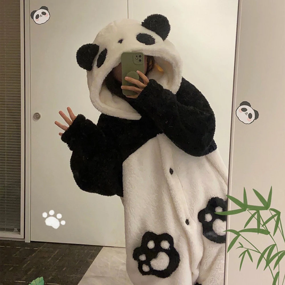 Panda Cosplay Pajamas Cartoon Hooded Nightgown Flannel Chunky Warm Soft Nightdress Sleepshirts Cute Women\'s Sleepwear Bathrobes