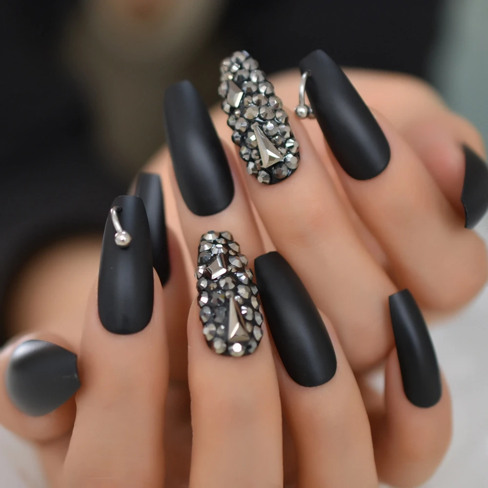 Dark Silver Strass Fake Nails Studs Extra Long Horse Shoe Metal Coffin Faux Ongles with Decorative Stones Frosted Maniture Tips