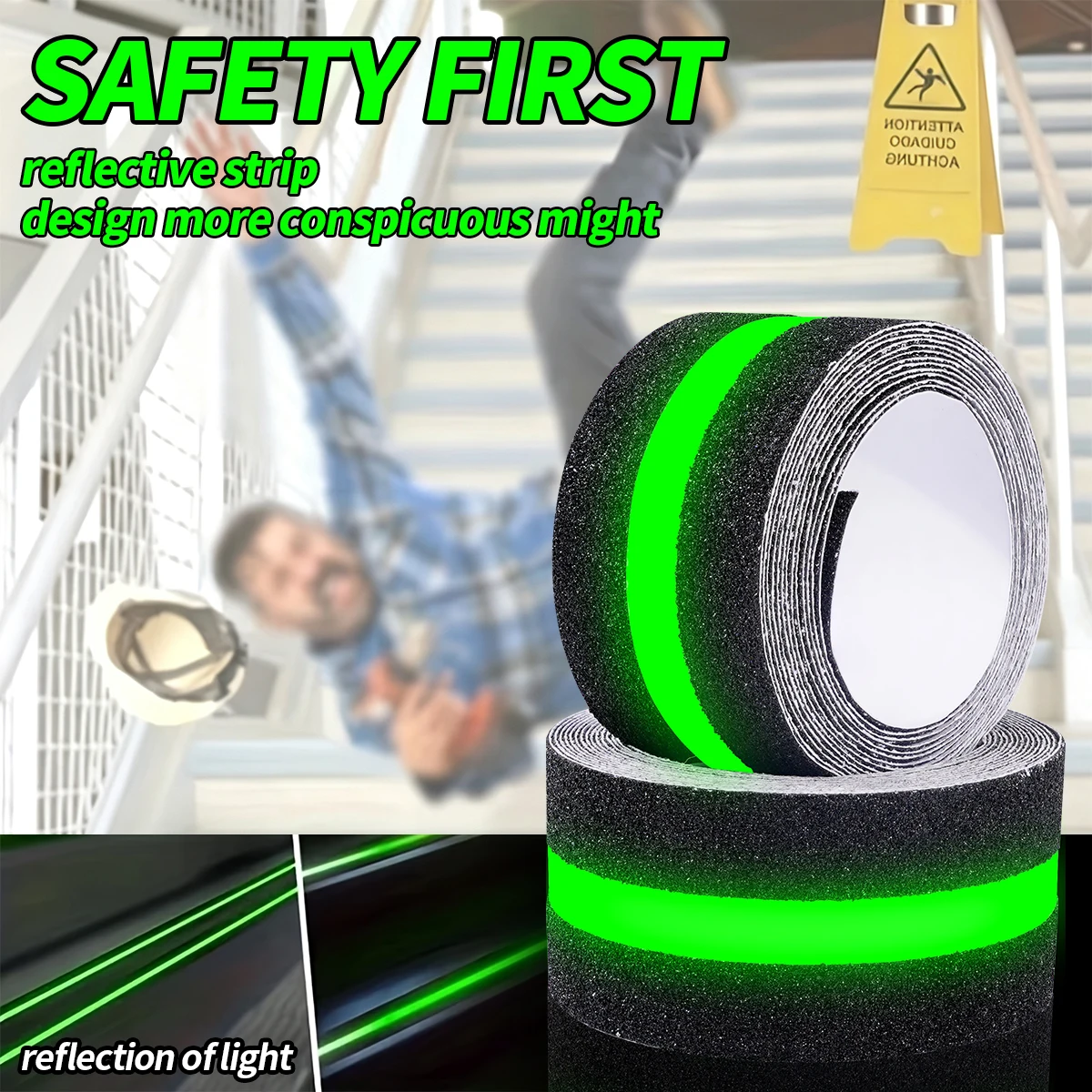 5CMx5M Self-Adhesive Anti-Slip Tape | Glow-in-the-Dark Green Stripe Friction Abrasive for Indoor/Outdoor Stair Treads & Steps