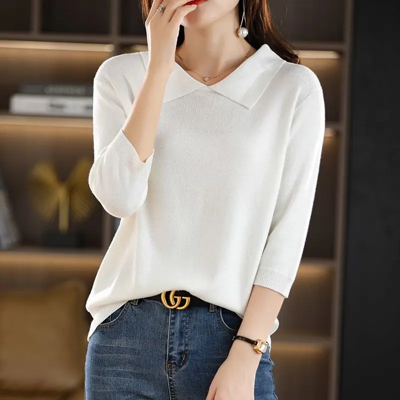 2024 Spring Summer Women Korean Fashion Polo Collar Elegant Knitwears Female Simple Casual Solid 3/4 Sleeve Loose Pullover Tops