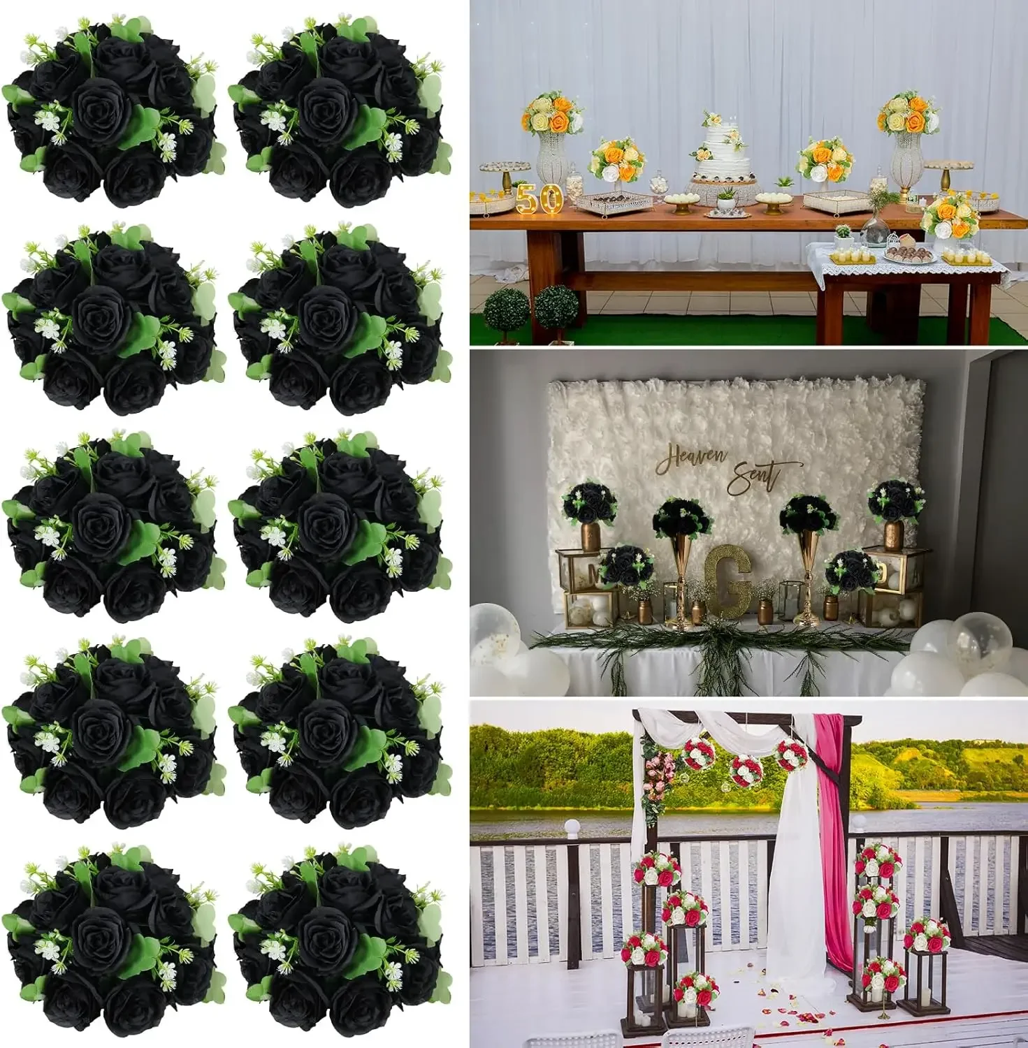 

Artificial Flower Ball for Table Centerpieces -10Pack Black Roses Silk Floral Half Balls - Faux Flowers Bridal Bouquet Plastic B