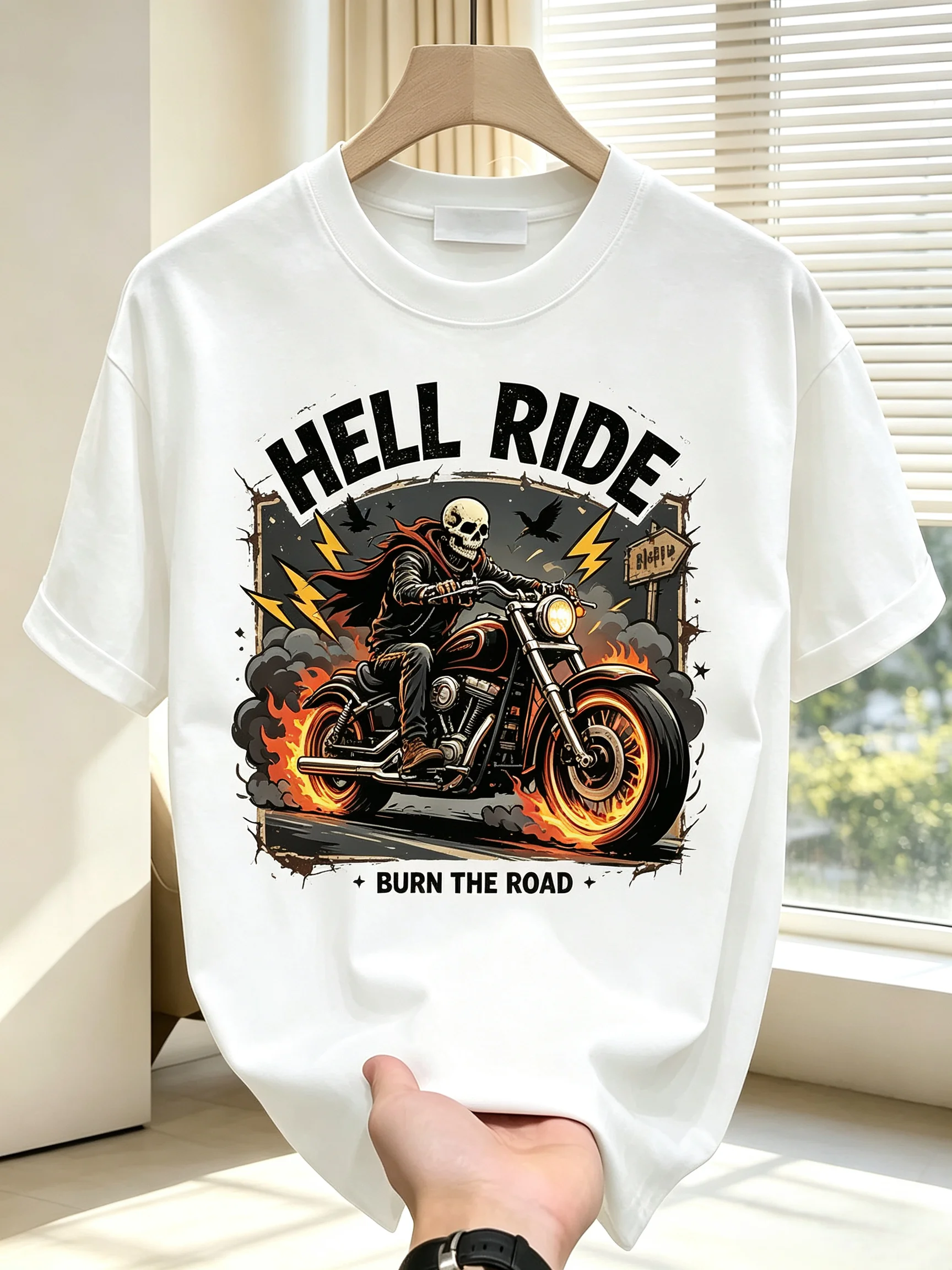 Unisex HELL RIDE Skeleton Biker Motorcycle Flame Crow Graphic T Shirt Men Women Burn The Road Retro Biker Gothic Short Sleeve White Casual Tee