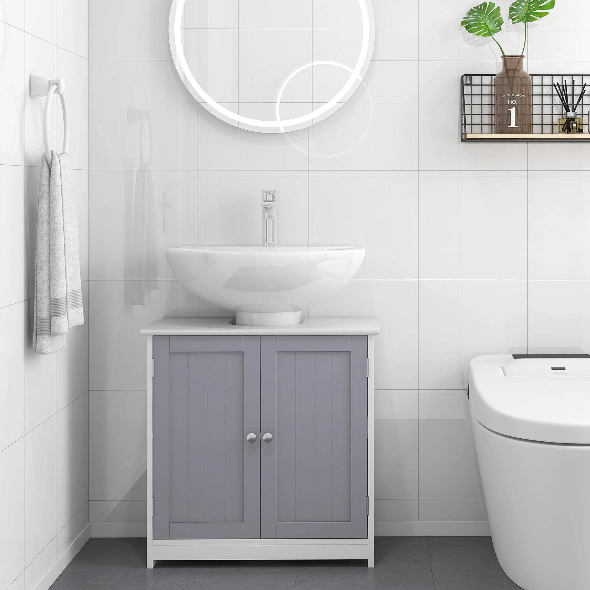 kleankin 60x60cm Under-Sink Storage Cabinet w/ Adjustable Shelf Grey White