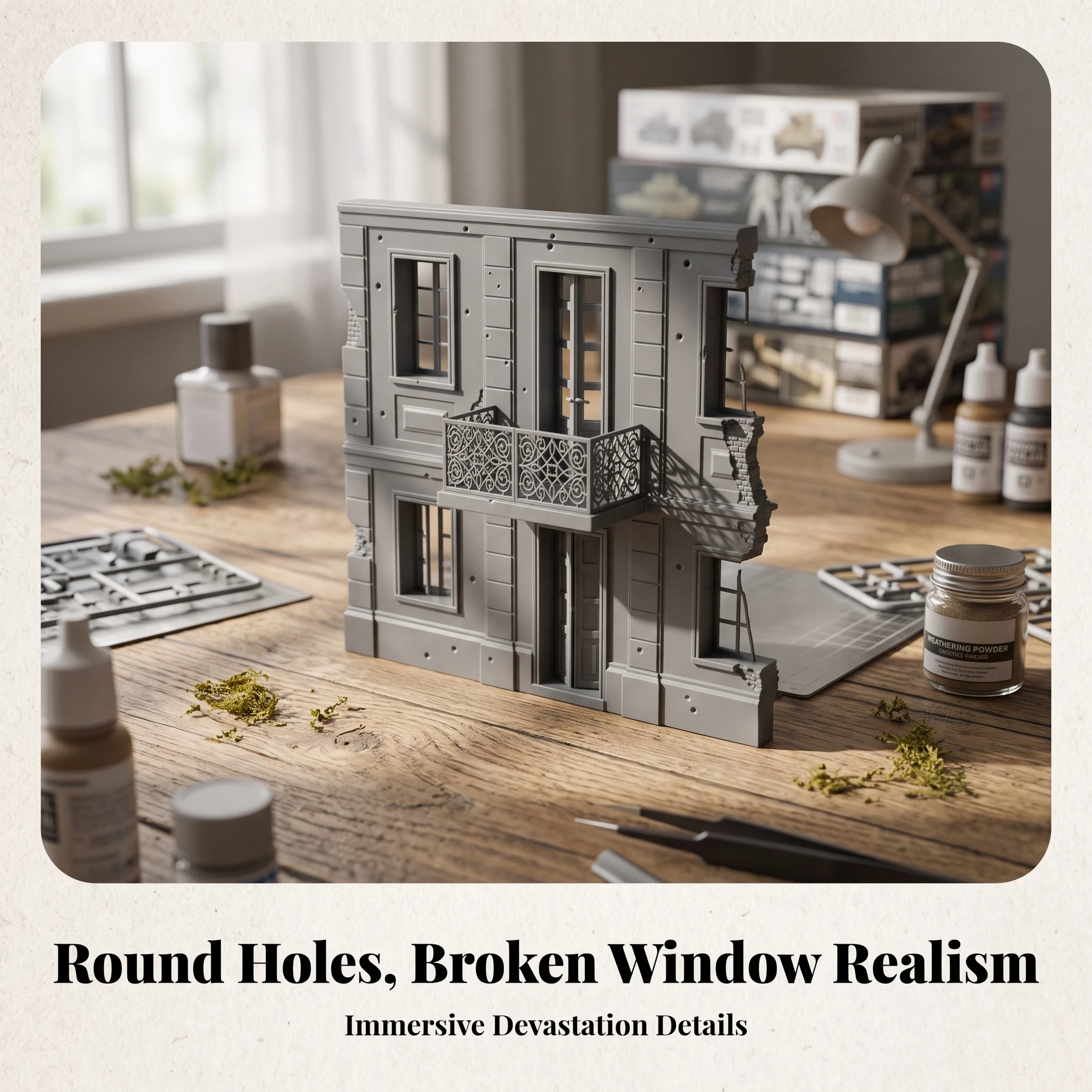 

European Wartime Building Facade Resin High Detail Damaged City Model with Balcony for Creative Historical Street Scenery