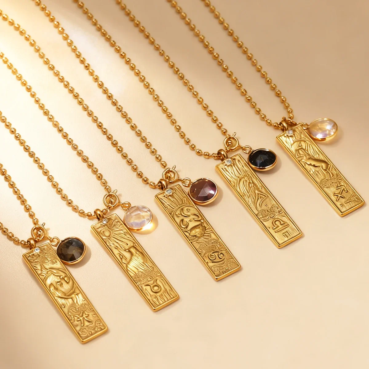 

18K Gold Plated Rectangular 12 Zodiac Signs Pendant Necklace with Natural Birthstones Stainless Steel Jewelry for Men and Women