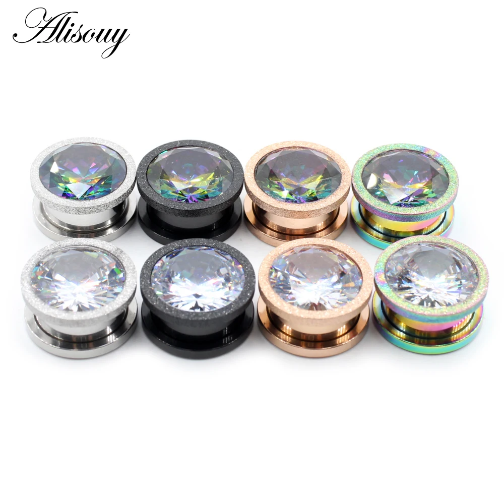 Alisouy 2pcs Stainless Steel Frosted Scrub Zirconia Crystal Ear Tunnels Plugs Expander Stretcher Gauges Body Piercing Jewelry