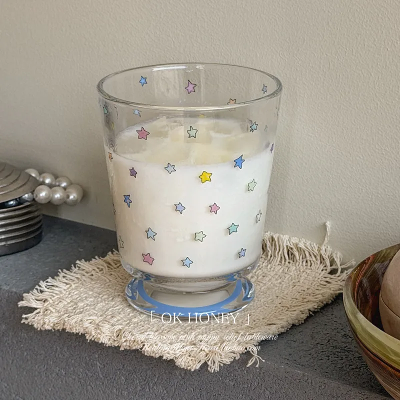 Cute Colorful Star Print Glass Aesthetic Footed Cup Breakfast Milk Coffee Juice Water Cup Kawaii Household Drinkware Gift