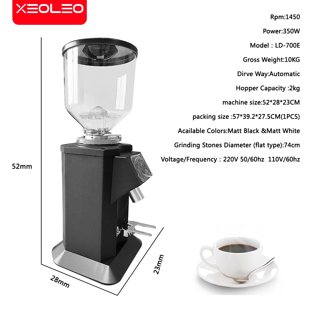 XEOLEO 1450 RPM komercyjny elektryczny młynek do kawy 74MM płaski żarn ze stali nierdzewnej Espresso młynek do ziaren kawy 350W