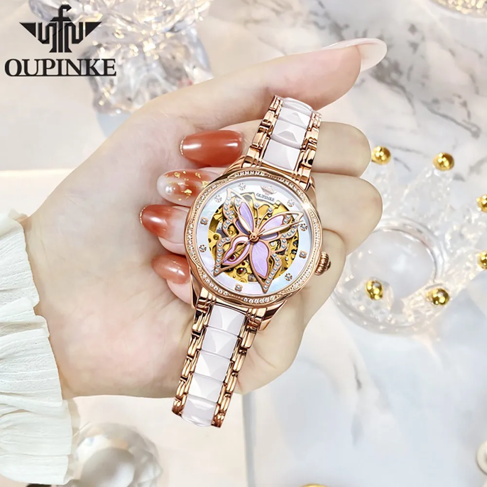 OUPINKE 3239 Original Women\'s Watches Hollow Out Butterfly Diamond Bezel Automatic Watch for Women Elegant Mechanical Wristwatch