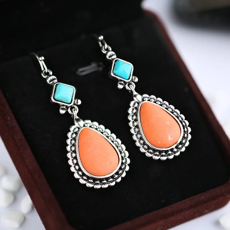 

Huajie Retro Ethnic Style Pendant Earrings Colorful Inlaid Stone for Women Water Droplets Earrings Jewelry Trend