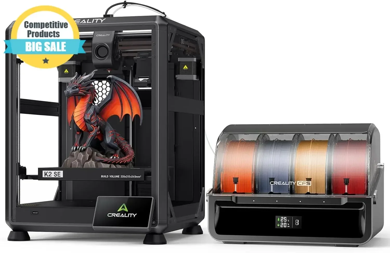 K2 SE Combo 3D Printer, Support Multicolor Printing with CFS, 500mm/s High-Speed, Smart Auto Leveling, Solid Metal Build Frame,