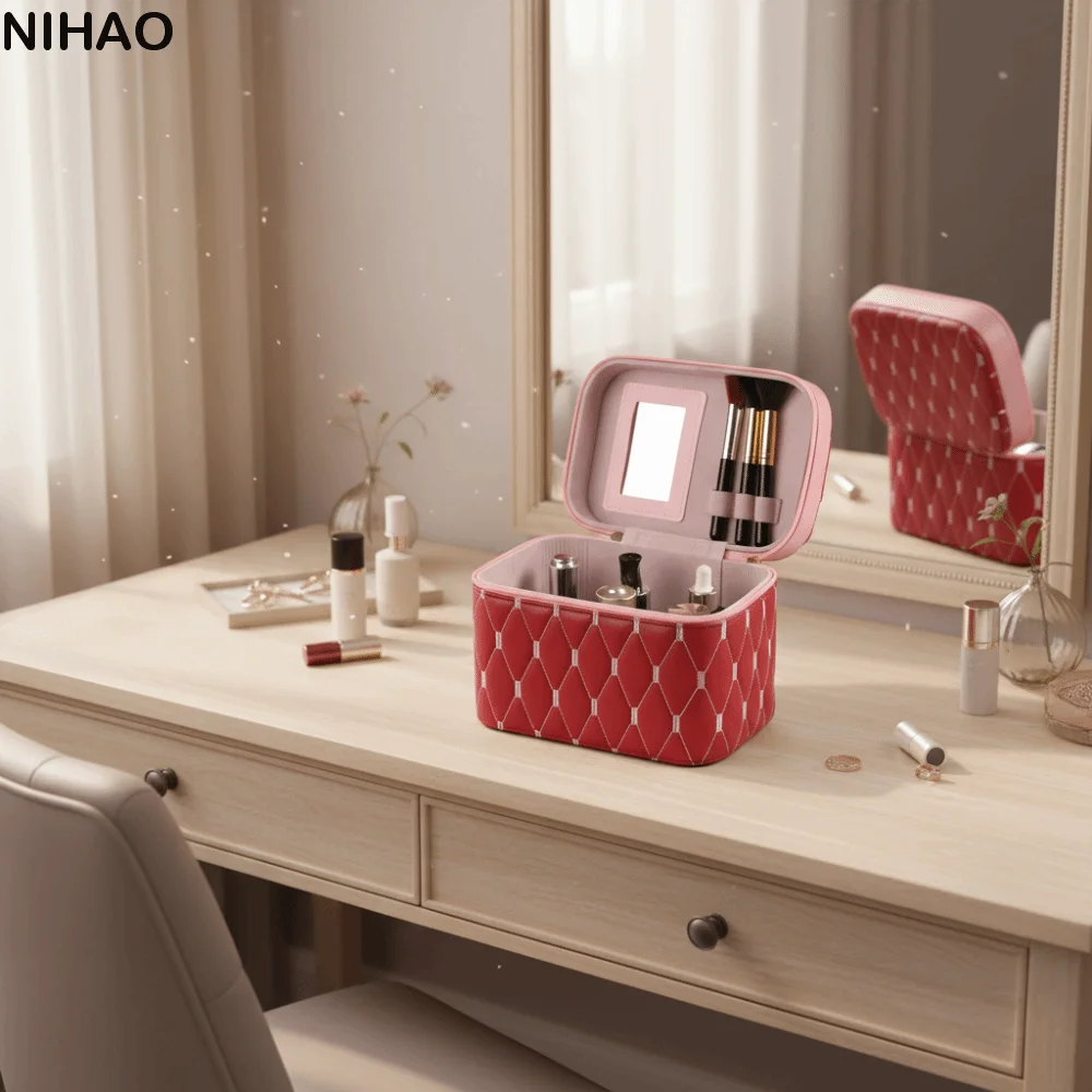 

Multi-functional PU Leather Cosmetic Bag Waterproof Anti-crush Makeup Bag with Mirror Large Capacity Cosmetic Case Travel