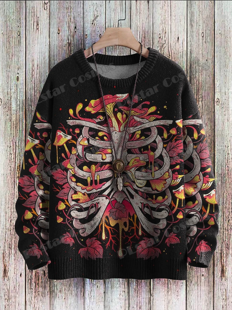Funny Skeleton Mushroom Art Pattern Halloween 3D Printed Men's Knitted Pullover Winter Unisex Casual Knit Pullover Sweater ZZM83