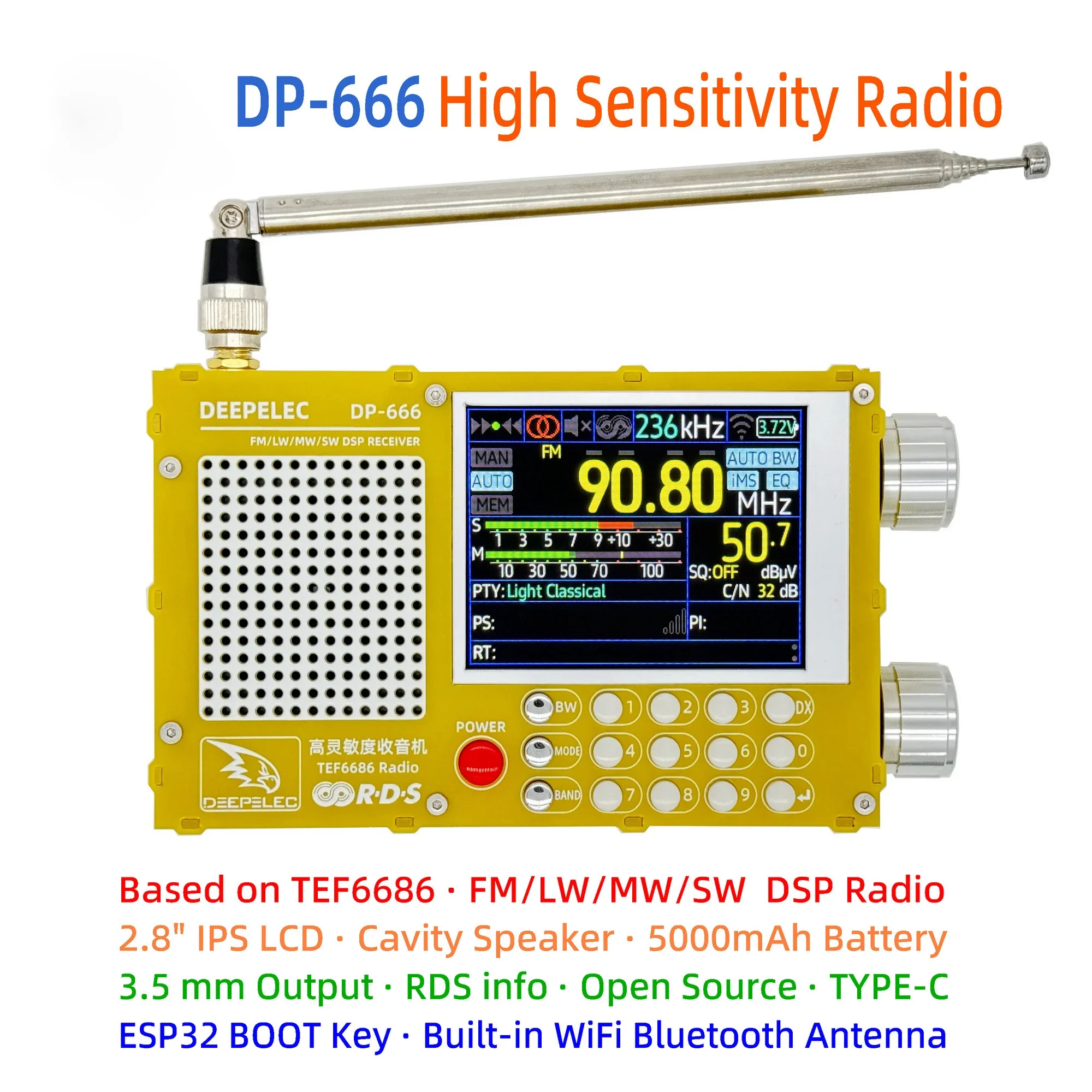 

DP-666 TEF6686 Radio High Sensitivity Full Band FM AM LW MW SW Shortwave ESP32 RDS