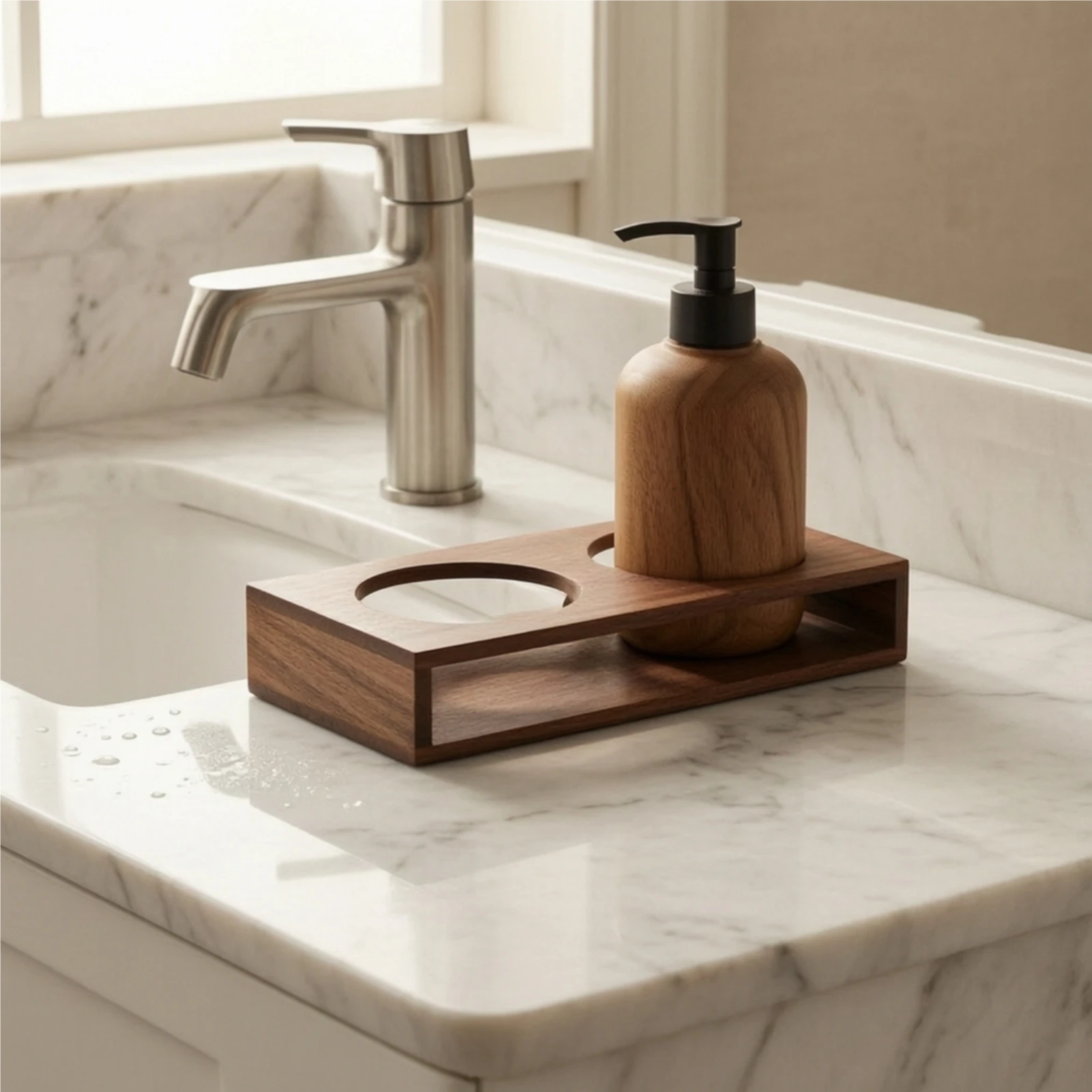 Wooden Bottle Base Rectangular Double Bottle Stand Holder Low-Silhouette for Countertop, Bathroom