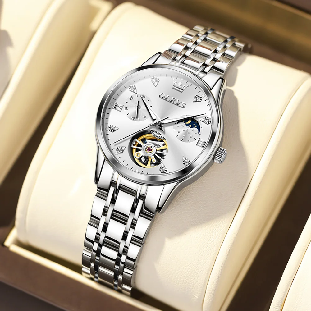 OLEVS Damenuhren, luxuriös, Tourbillon-Stil, originelle automatische mechanische Uhr für Damen, wasserdicht, leuchtende Damenuhr
