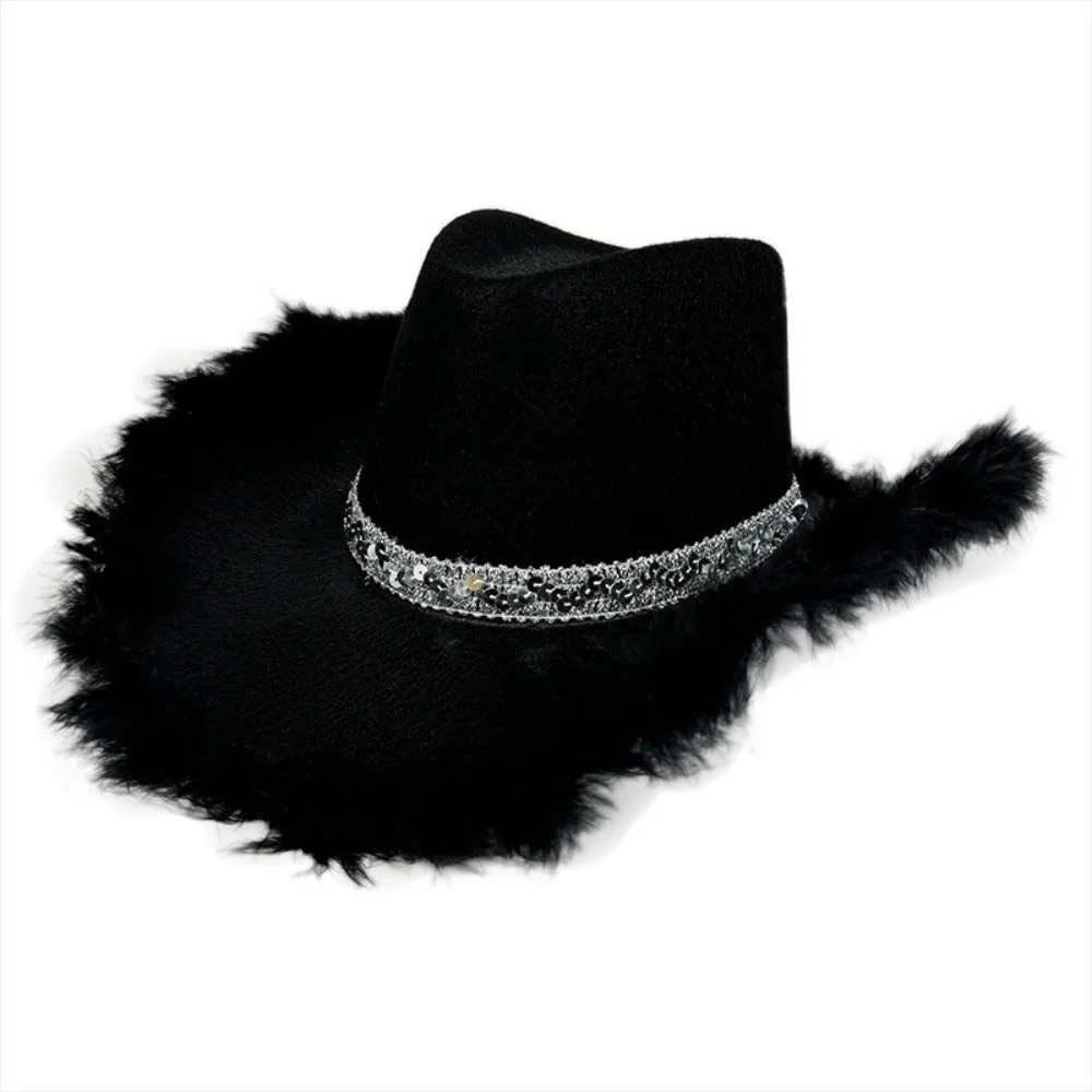 Fashion Solid Color Western Cowboy Hat Wide Brim Furry Trim Sequin Cowgirl Hat Ethnic Style Sunscreen Jazz Hat Travel 4