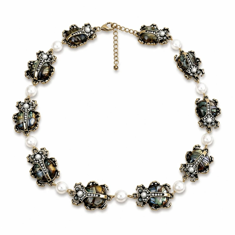 Vintage Baroque Shell Inlay Beetle Rhinestone Necklace for Women Retro Court Style Jewelry