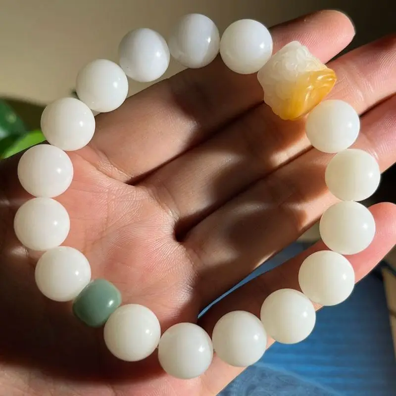 Lion Dance Gradient Women, White Jade Root Soft and Flexible Buddhist Bead Bracelet for Men, Bodhi