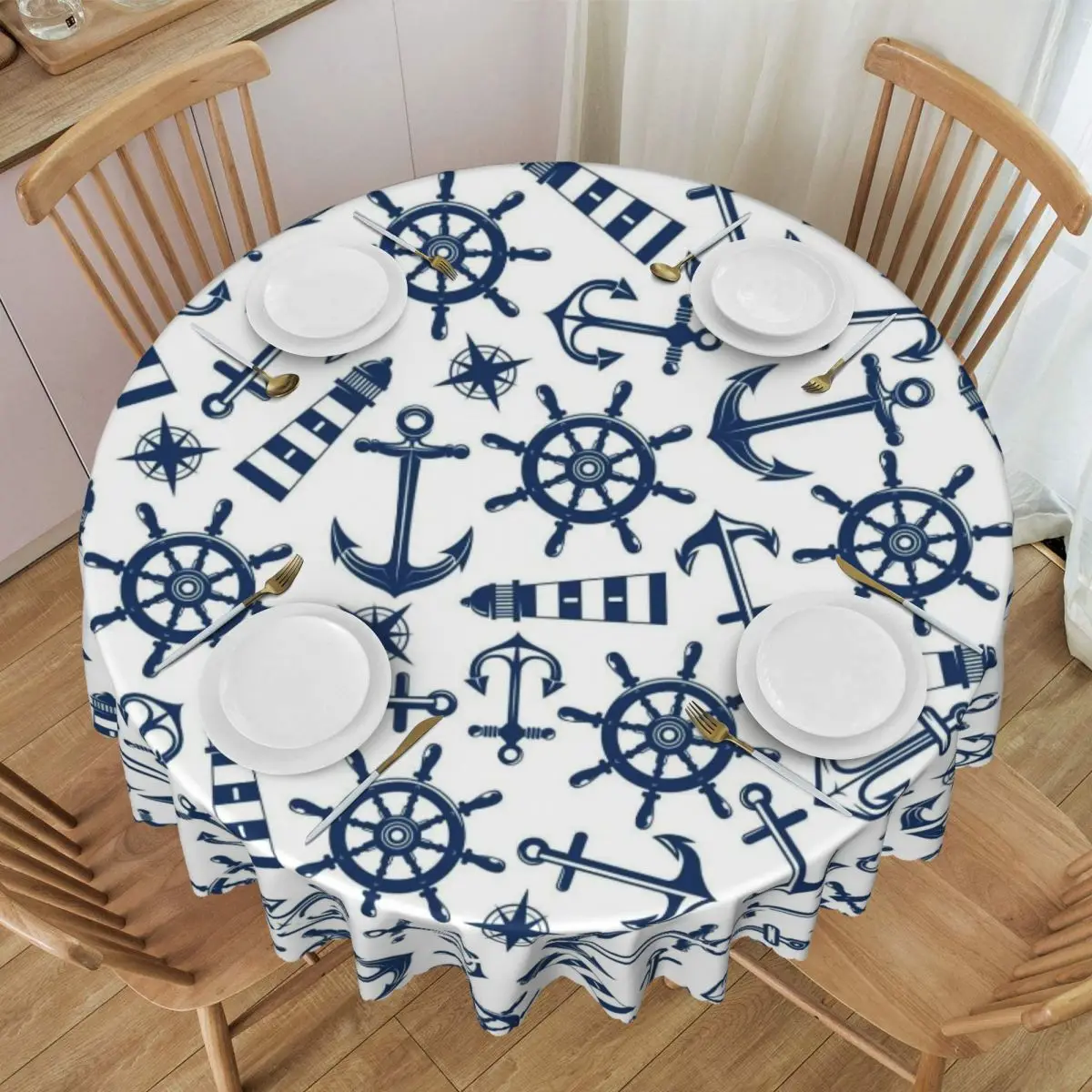 Custom Blue And White Nautical Sailor Anchor Tablecloth Round Waterproof Table Cover Cloth for Banquet 60 inches