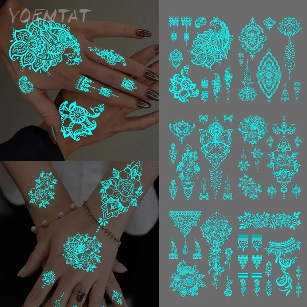 

6pcs Wedding Blue Luminous Waterproof Temporary Tattoo Sticker Mandala Flower Flash Tatto Women Men Arm Body Art Fake Tattoos
