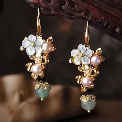 Vintage Freshwater Imitation Pearls Dangle Earrings for Women Delicate Shell Flower Drop Earrings Fashion Jewelry Birthday Gifts