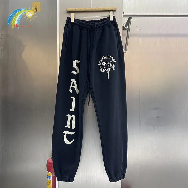 High Street Vintage Washed Black Jogger Drawstring Pants Men Women Cracked Letters Logo Print Saint Sweatpants Inside Tags