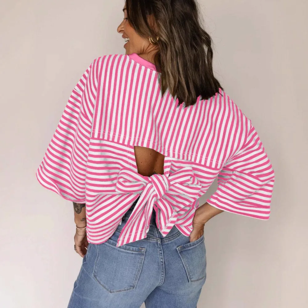Women's Fashion O Neck Striped Back Tie Bow Short-sleeved T Shirt Top Summer New Casual Loose Knitted Pullover Female Top 2026