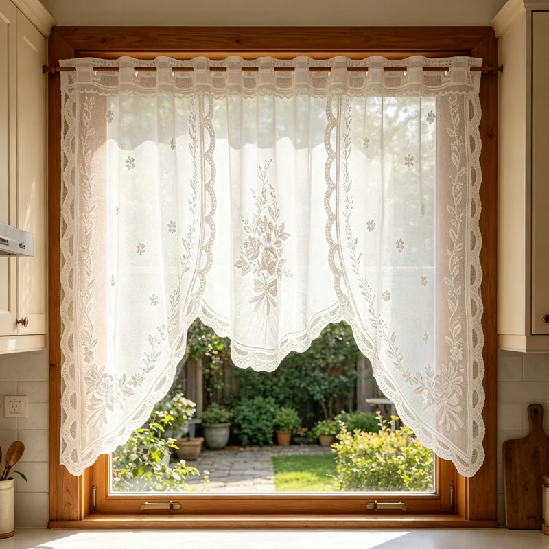 French Vintage Floral Curtain Wave-Like Lace Detail for American Country-Style Kitchen Window Decor