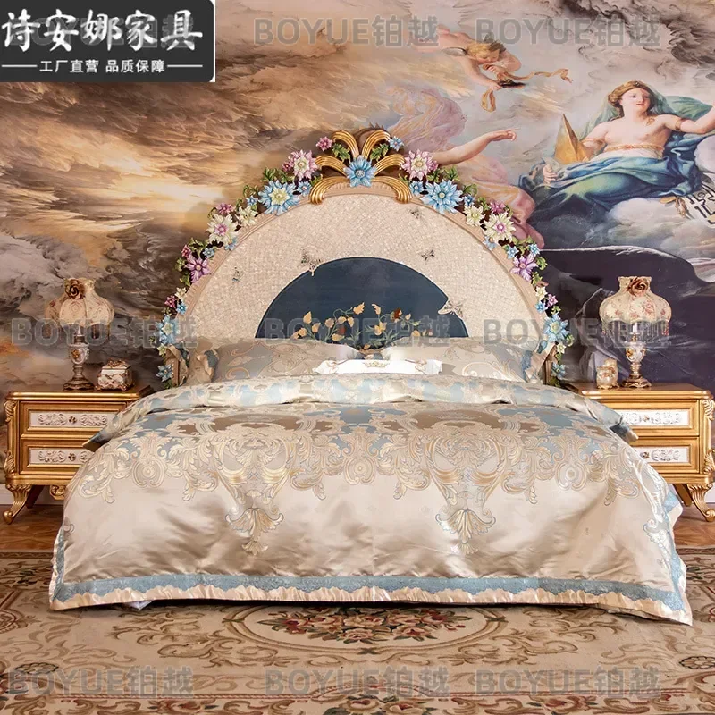 European Queen Bed Hand Carved Floral Wood Inlaid Shell Double Bed Frame Luxury Master Bedroom Furniture Villa Style