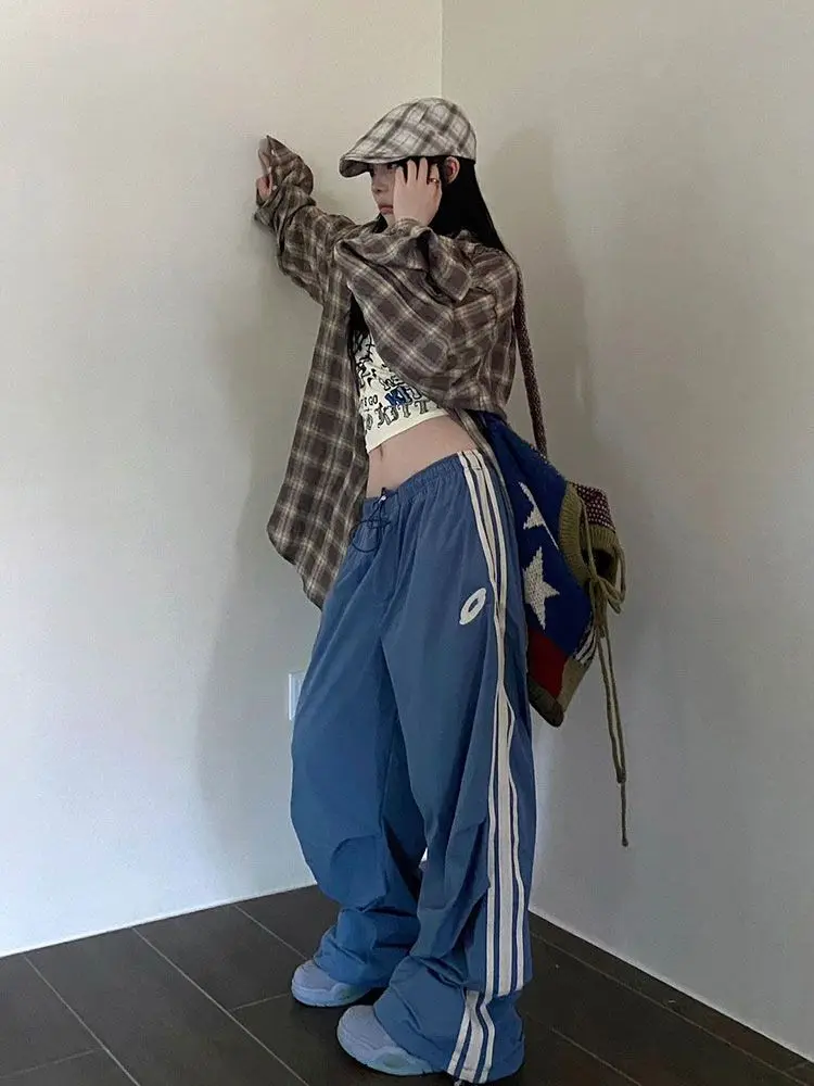 HOUZHOU Harajuku Y2k Women Parachute Pants Baggy Black Sports Joggers Female Streetwear Wide Leg Trousers Vintage Casual Pants