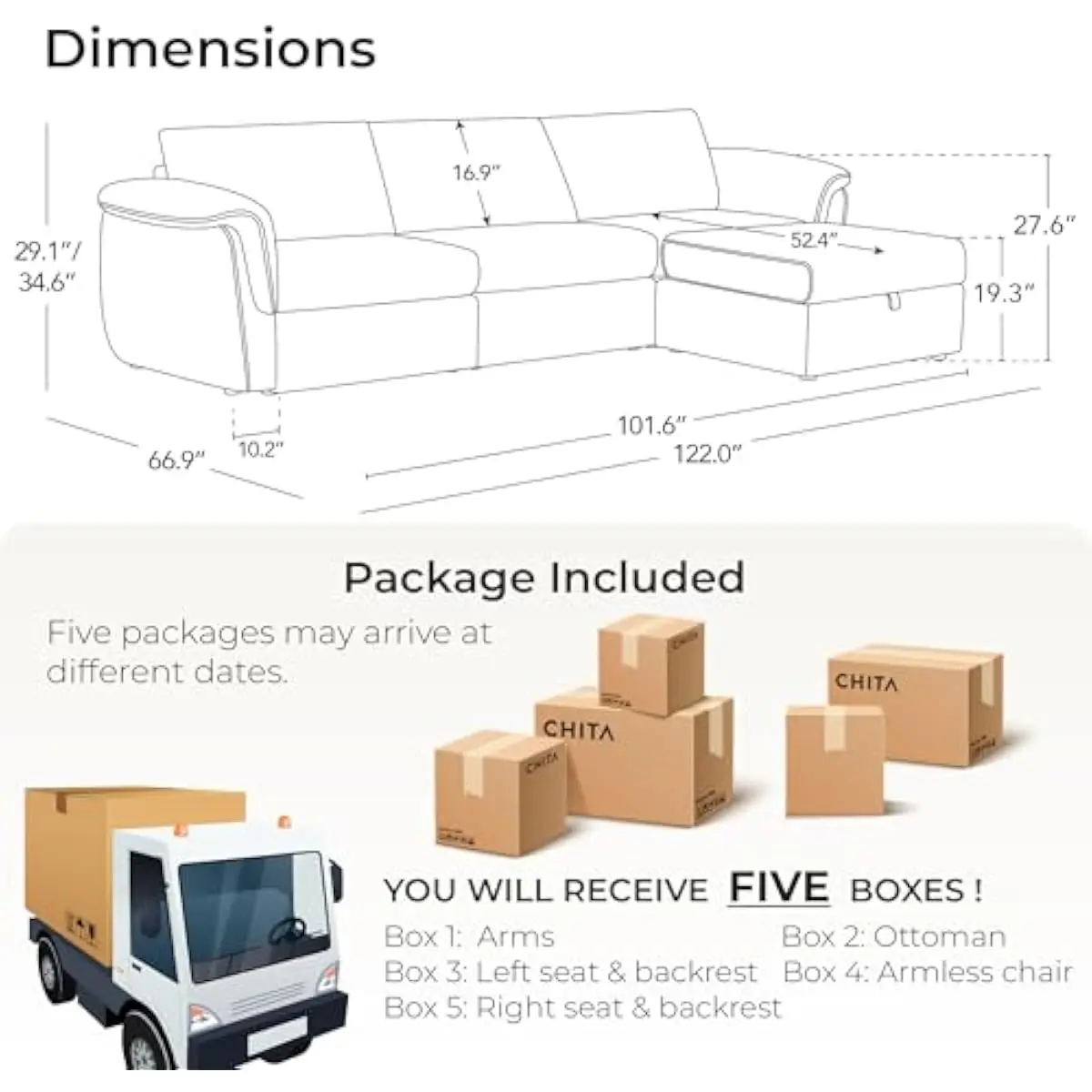 Extra-large modular sectional sofa with chaise and storage ottoman, L-shaped 4-person configuration, taupe chenille upholstery,