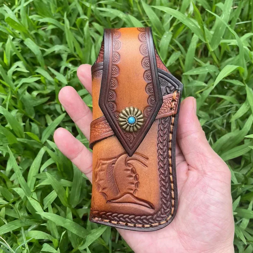 15cm Cowhide Material Folding Blade Knife Leather Case Universal Knife Sheath Holster Outdoor Camping Tools Accessories Supplies