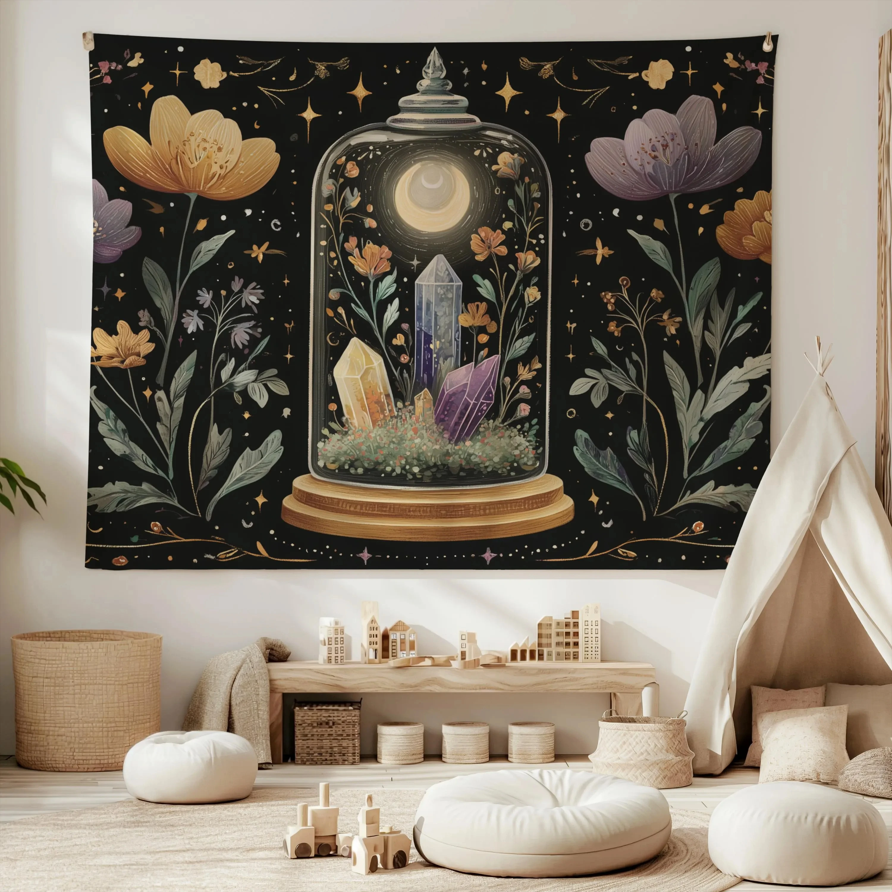 VIKAMA Starry Moon Crystal Glass Cover Tapestry Witch Style Flower Background Cloth Meditation Room Bohemian Room Decoration