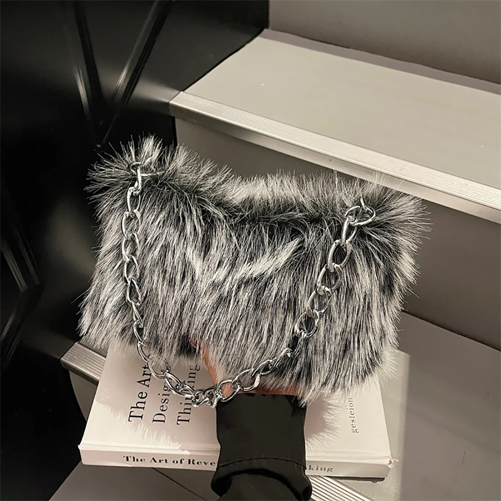 Autumn Winter Chain Plush Underarm Bag Women's High Grade Zipper One Shoulder Bags Party Shopping All-Match Versatile Handbags