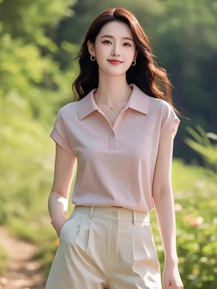 2024 Summer Mint Wave Collared T-Shirt Women's Crisp Shoulder Ice Silk Top Light Mature & Youthful Loose Fit Tee Hot Sale New