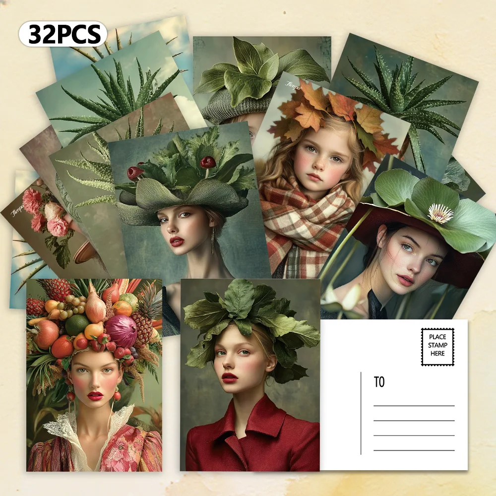 32pcs, Anthropomorphic Flower Plants Postcards, decoration/greeting cards/postcards,high-precision printing,collectible/mailable