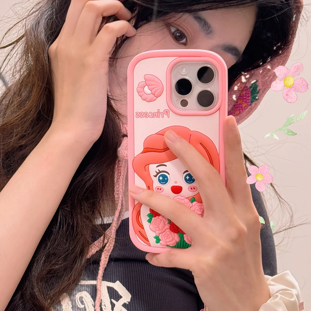 3D Cartoon Rose Disneys Ariel Princess Phone Case for IPhone 15 14 13 12 11 Pro Max Soft Silicone Drop-resistant Back Cover Gift