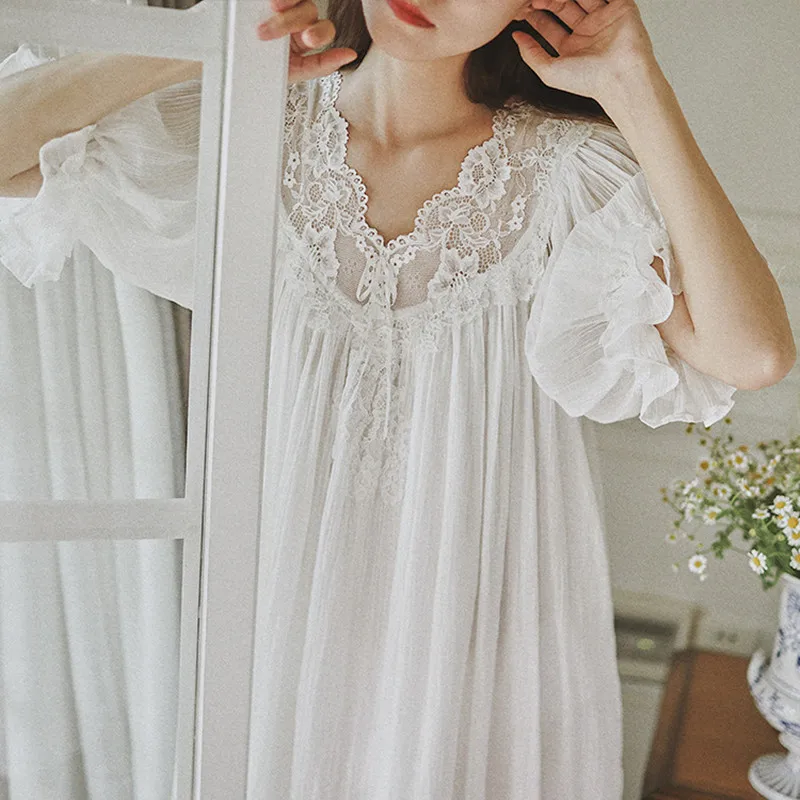 French Sexy Lace V-Neck White Nightdress Princess Victoria Vintage Long Nightgowns Fairy Summer Short Sleeves Cotton Nightie