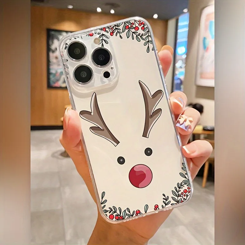 Christmas Reindeer Head Pattern New Trendy Transparent Tpu Phone Case, Suitable for iPhone 17 Air Pro Max iPhone 16 15 14 13 12 11 XS Xr X 7 8 12/13 Mini Plus Pro Max Se, Suitable for Birthday/Holiday/Family/Friends/Couple Gifts
